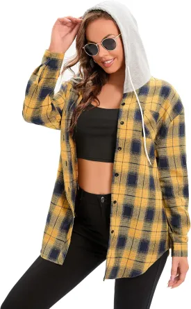 Women's Plaid Flannel Shirts Hoodie Long Sleeve Oversized Shirt Jacket Button Down Blouse Tops