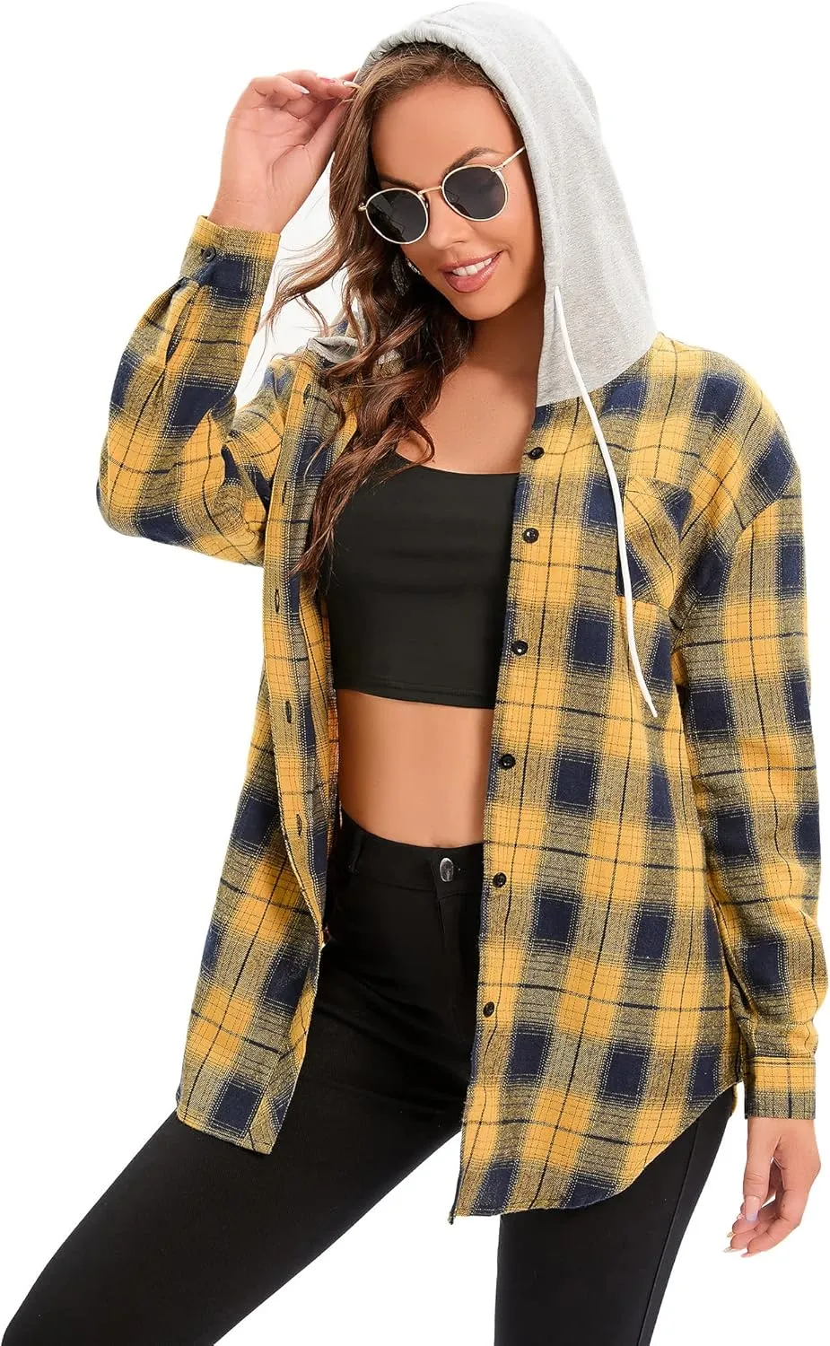 Women's Plaid Flannel Shirts Hoodie Long Sleeve Oversized Shirt Jacket Button Down Blouse Tops