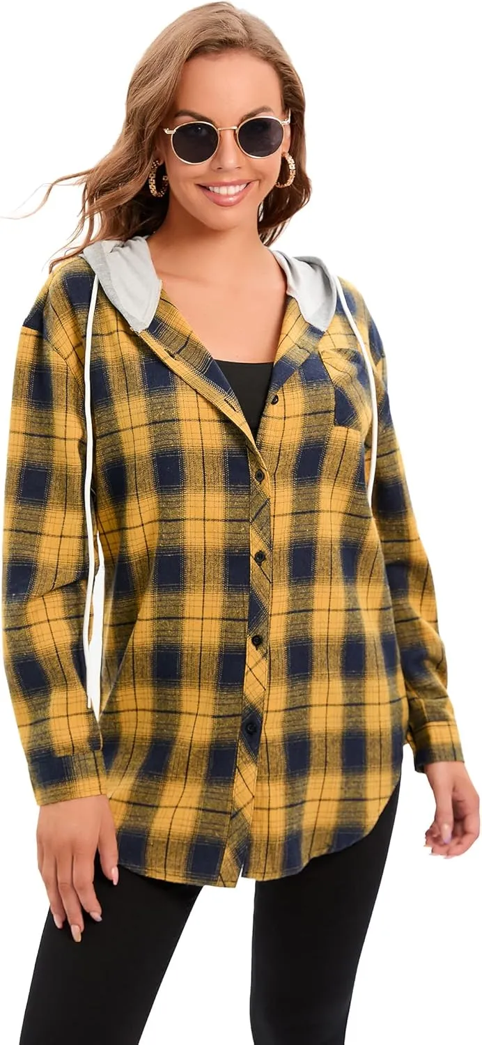 Women's Plaid Flannel Shirts Hoodie Long Sleeve Oversized Shirt Jacket Button Down Blouse Tops