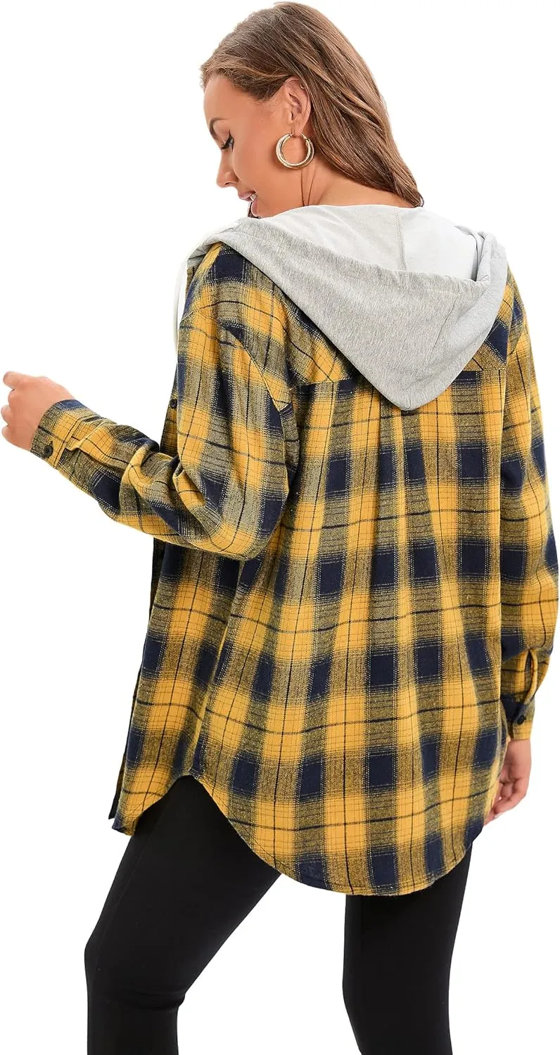 Women's Plaid Flannel Shirts Hoodie Long Sleeve Oversized Shirt Jacket Button Down Blouse Tops