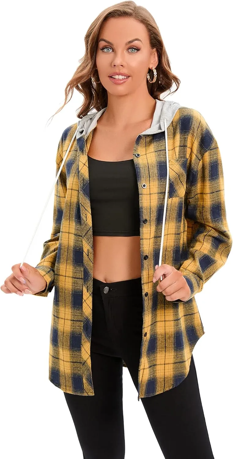 Women's Plaid Flannel Shirts Hoodie Long Sleeve Oversized Shirt Jacket Button Down Blouse Tops
