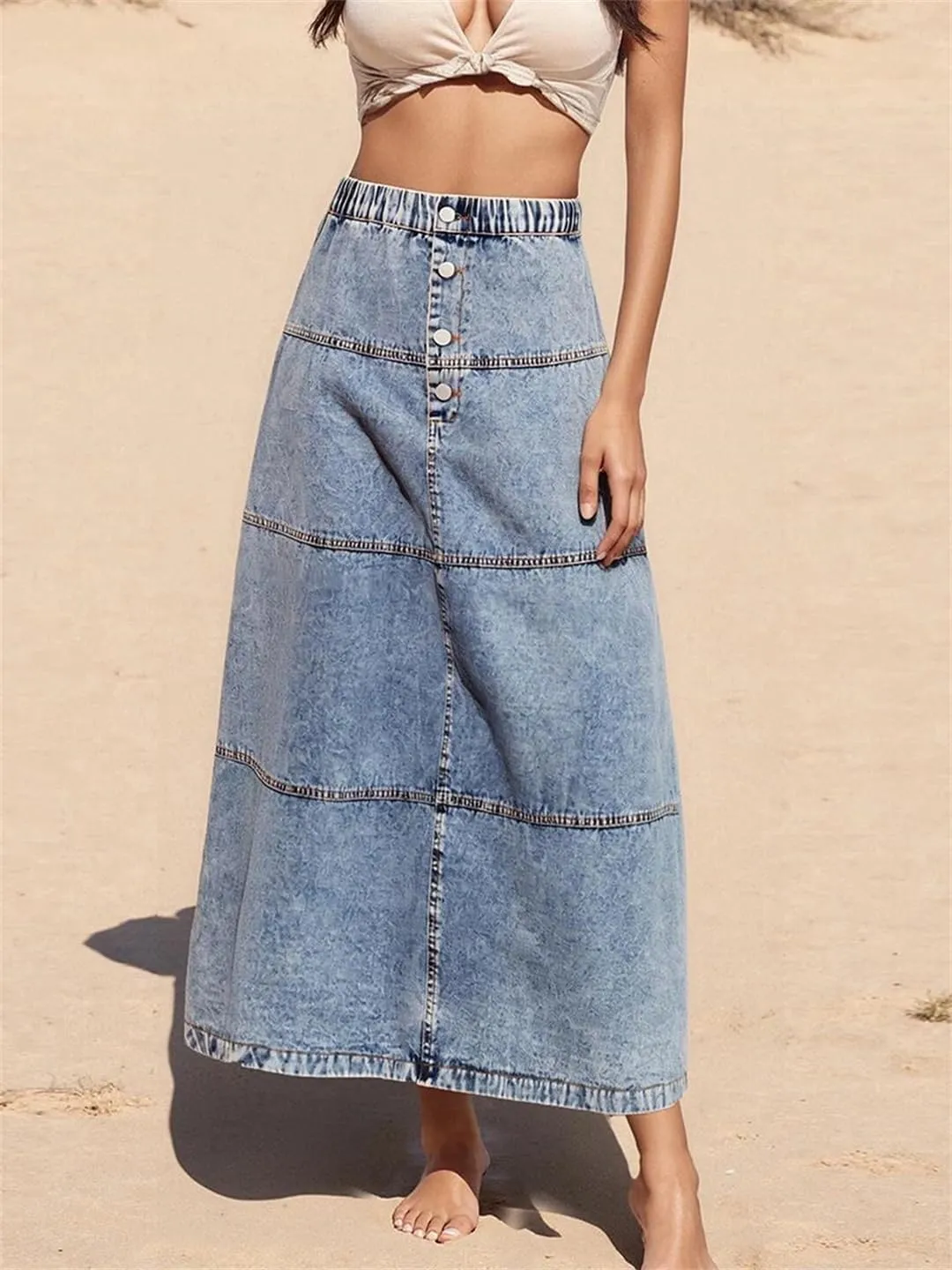 Womens Summer High Waisted Distressed Denim with Frayed Hem and Button Closure Mini Skirt