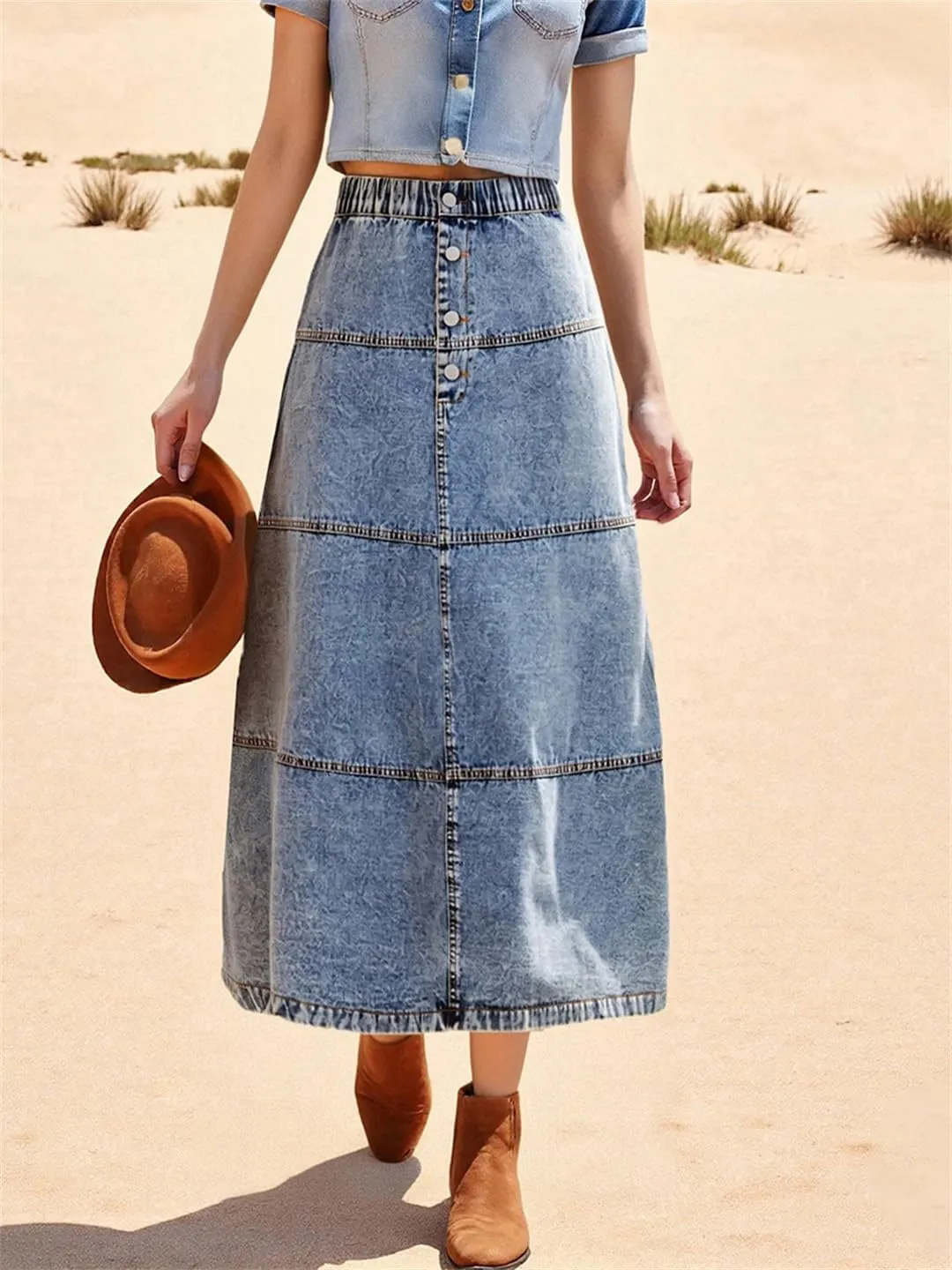 Womens Summer High Waisted Distressed Denim with Frayed Hem and Button Closure Mini Skirt
