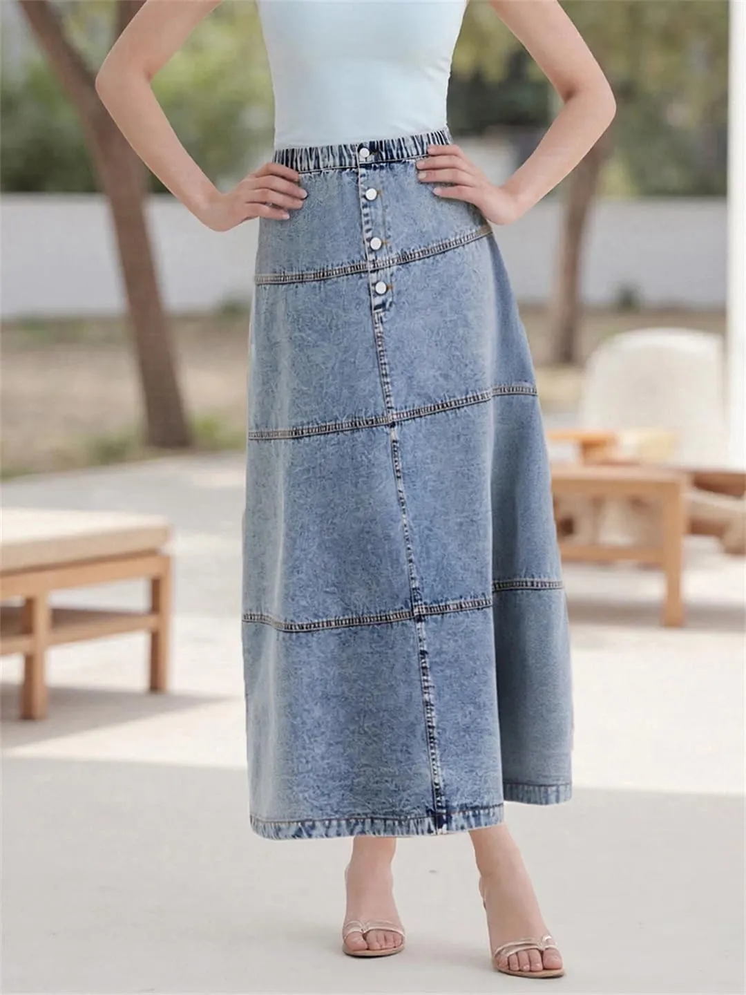Womens Summer High Waisted Distressed Denim with Frayed Hem and Button Closure Mini Skirt
