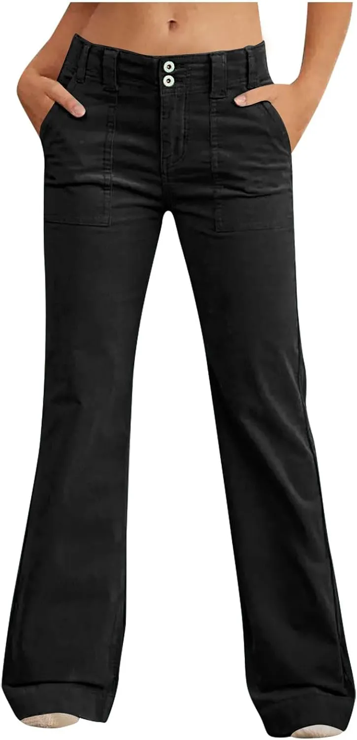 Xiaojmake Women Casual Twill Chino Pant Flare Slim Fit Boot Cut Stretch Dress Pant Bootcut Cotton Pull On Pants with Pockets