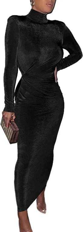 xxxiticat Women's Turtleneck Velvet Maxi Dress Long Sleeve Casual Wide Shoulder Pad Ruched High Neck Bodycon Dresses