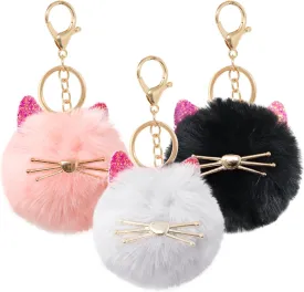 yueton 3PCS Cute Fluffy Animal Cat Keychain Faux Rabbit Fur Pom Pom Ball Keyring Artificial Fur Alloy Key Chain Hanging Ornament Decoration for Bag Handbag Backpack Purse Wallet Car Charm Key Rings
