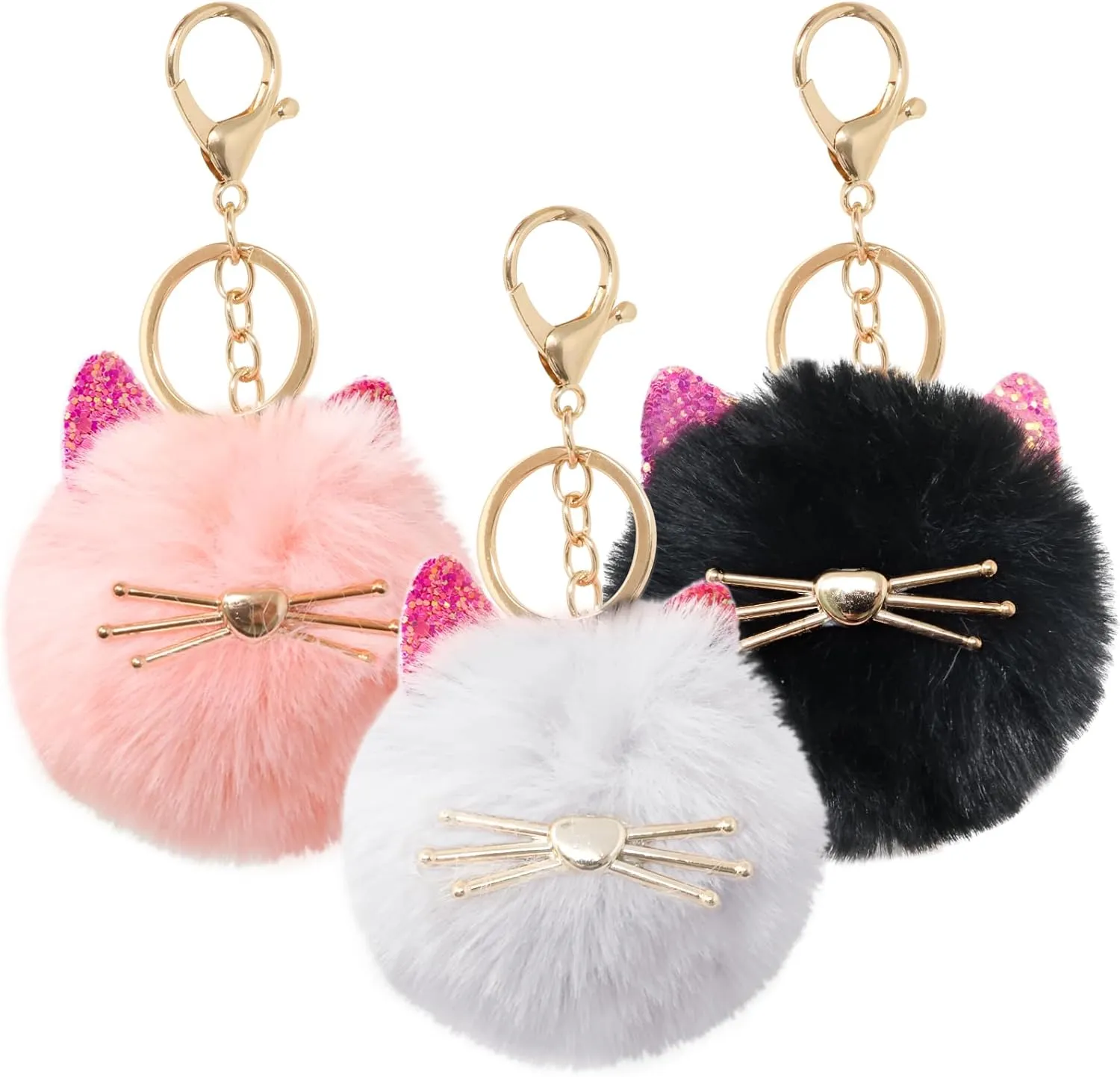 yueton 3PCS Cute Fluffy Animal Cat Keychain Faux Rabbit Fur Pom Pom Ball Keyring Artificial Fur Alloy Key Chain Hanging Ornament Decoration for Bag Handbag Backpack Purse Wallet Car Charm Key Rings