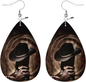 Zokola Cowboy Faux Leather Earrings, Retro Western Cowboy Boots And Hat Ear Pendants Earrings Teardrop Dangle Leather Earrings Holiday Earrings Making Supplies