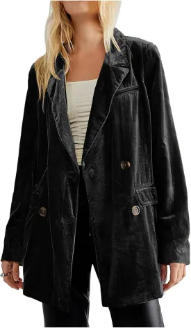 ZWRXW Women's Velvet Blazer Jacket Double Breasted Notch Lapel Shackets Coat Business Work Casual Suit Jackets Outwear Tops
