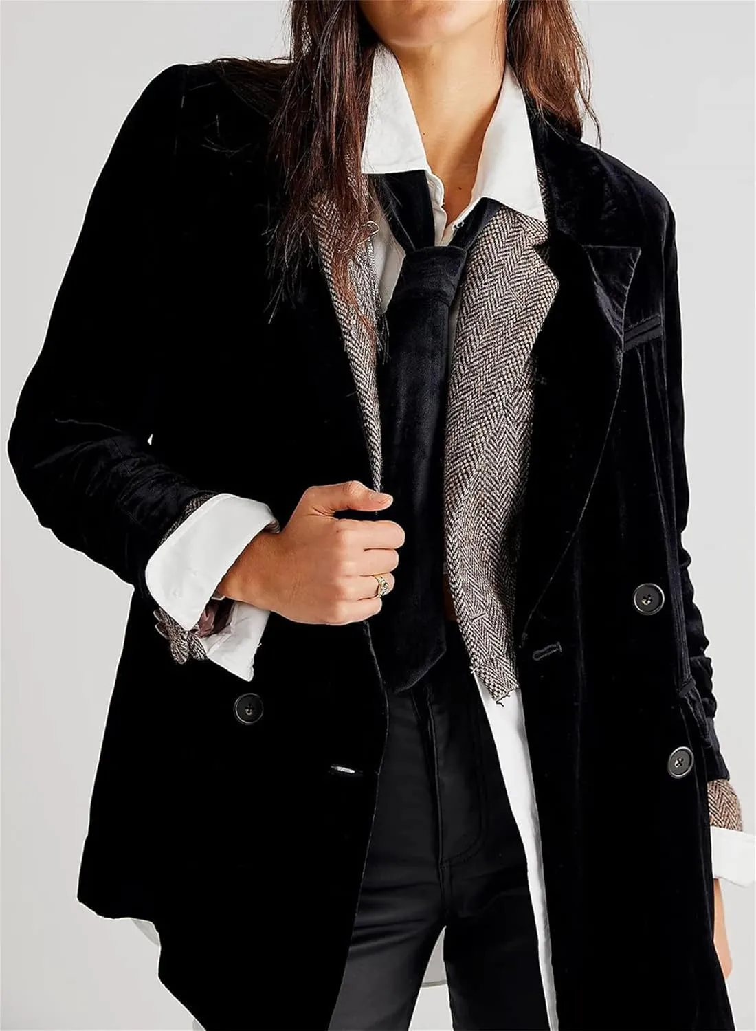 ZWRXW Women's Velvet Blazer Jacket Double Breasted Notch Lapel Shackets Coat Business Work Casual Suit Jackets Outwear Tops